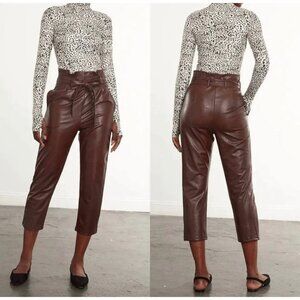 Commando Faux Leather Paperbag Pants Women Medium Brown High Rise Cropped Belted